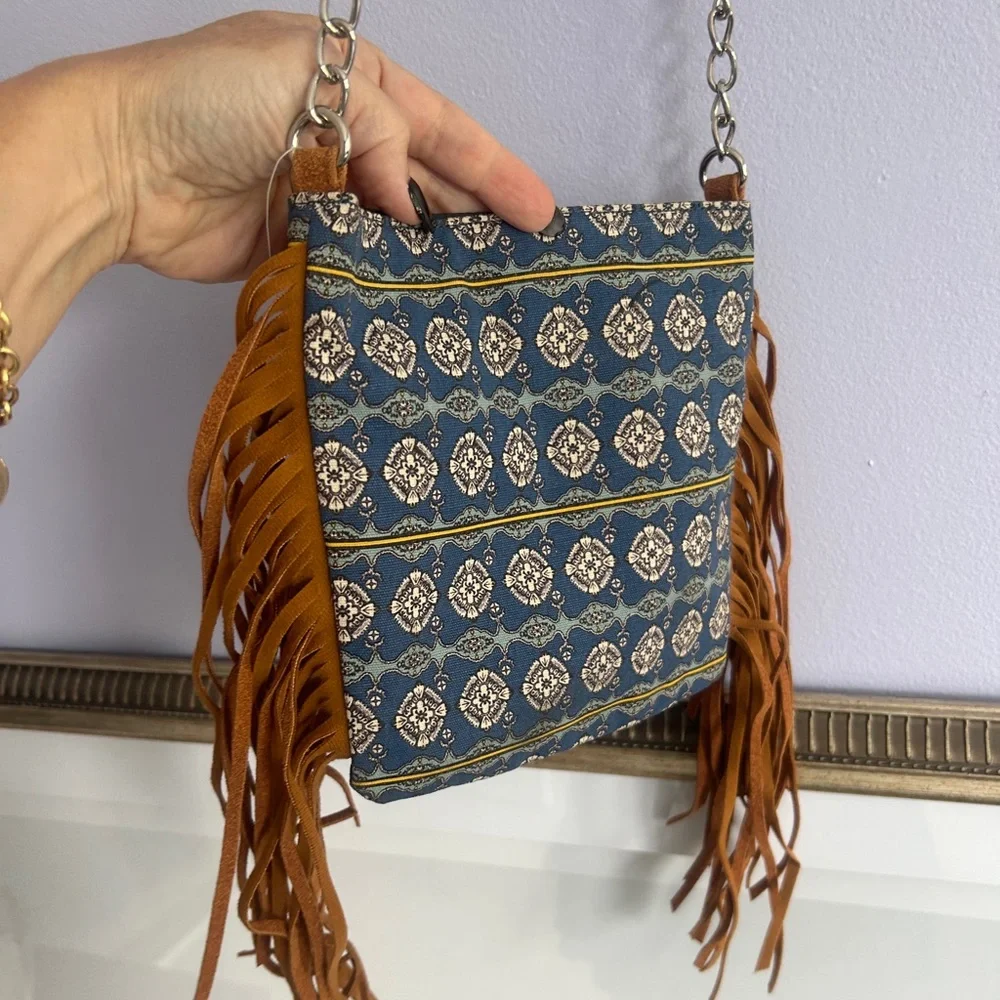 NWT Boho Fringe Crossbody Bag faux suede and canvas silver chain accent